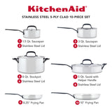 KitchenAid 5-Ply Clad Stainless Steel Cookware Set, 10-Piece, Polished Stainless Steel