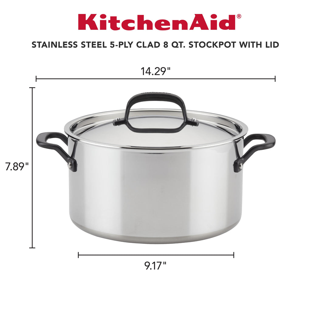 KitchenAid 5Ply Clad Stainless Steel Stockpot with Lid, 8Quart, Poli
