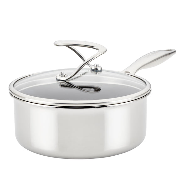 Circulon Clad Stainless Steel Saucepan with Glass Lid and Hybrid SteelShield and Nonstick Technology, 2-Quart, 1.9L, Silver