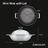 Circulon Clad Stainless Steel Wok with Glass Lid and Hybrid SteelShield and Nonstick Technology, 14-Inch, Silver