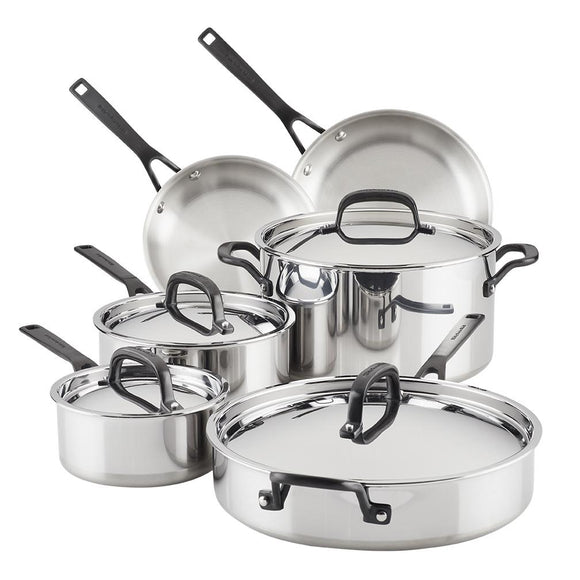 KitchenAid 5-Ply Clad Stainless Steel Cookware Set, 10-Piece, Polished Stainless Steel