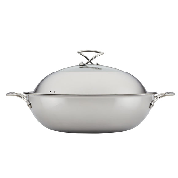 Circulon Clad Stainless Steel Wok with Glass Lid and Hybrid SteelShield and Nonstick Technology, 14-Inch, Silver