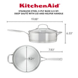 KitchenAid 3-Ply Base Stainless Steel Deep Sauté Pan with Helper Handle and Lid, 4.5-Quart, Brushed Stainless Steel